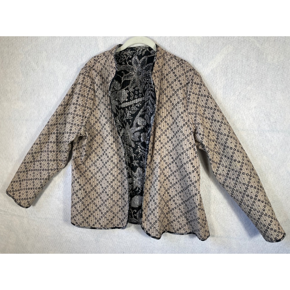 Reversible Quilted Jacket Blazer Floral Paisley Black Tan Open Front